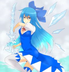 Rule 34 | 1girl, alternate hair length, alternate hairstyle, blue dress, blue eyes, blue hair, blue sky, bow, breasts, cirno, cleavage, cloud, crystal sword, dress, hair bow, i b b e, ice, long hair, looking at viewer, matching hair/eyes, medium breasts, aged up, puffy short sleeves, puffy sleeves, ribbon, short sleeves, sky, smile, solo, sword, thighhighs, touhou, weapon, wings