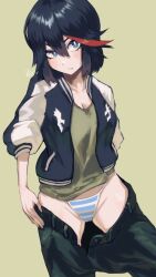 Rule 34 | 1girl, :t, absurdres, ahoge, artist name, belt, black belt, black hair, black jacket, black pants, blue eyes, blue panties, blush, bob cut, breasts, bright pupils, cleavage, closed mouth, clothes pull, collarbone, commentary, cowboy shot, eyelashes, green background, green shirt, groin, hair between eyes, highleg, highleg panties, highres, jacket, kenosousaku, kill la kill, letterman jacket, long sleeves, looking at viewer, matoi ryuuko, medium breasts, multicolored hair, open clothes, open fly, open jacket, panties, pants, pants pull, pout, pulling own clothes, raglan sleeves, red hair, shirt, short hair, signature, simple background, solo, standing, streaked hair, string panties, striped clothes, striped panties, t-shirt, underwear, undressing, white jacket, white panties, white pupils