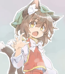 Rule 34 | 1girl, animal ears, bow, bowtie, brown hair, cat day, cat ears, cat tail, chen, chinese clothes, fang, green hat, hat, long sleeves, looking at viewer, mob cap, multiple tails, nekoguruma, nekomata, open mouth, red vest, shirt, short hair, simple background, solo, tail, touhou, upper body, vest, white shirt