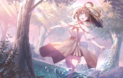 Rule 34 | 1girl, ahoge, bad id, bad pixiv id, barefoot, bow, brown hair, bush, clenched hand, clothing cutout, dress, dutch angle, grass, grey eyes, grey skirt, highres, koh rd, light rays, off-shoulder shirt, off shoulder, open mouth, original, outdoors, outstretched arms, shirt, shoulder cutout, sidelocks, skirt, smile, soaking feet, solo, splashing, standing, strapless, strapless dress, sunbeam, sunlight, tree, wading, water, white shirt