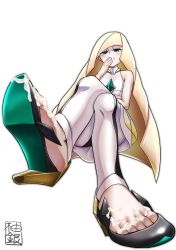 Rule 34 | 10s, 1girl, after footjob, blonde hair, creatures (company), crossed legs, cum, cum on body, cum on feet, cum on lower body, dress, feet, foot focus, from below, game freak, green eyes, hair over one eye, hand over mouth, high heels, highres, leggings, legs, long hair, looking at viewer, lusamine (pokemon), nintendo, no socks, pokemon, pokemon sm, pov, shoes, sitting, sleeveless, sleeveless dress, smile, solo, toe cleavage, toes, very long hair, white background, yuzu gin (pika97)