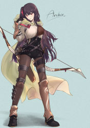 Rule 34 | 1girl, absurdres, adapted costume, ankle boots, arrow (projectile), asymmetrical footwear, black gloves, black pantyhose, blush, boots, bow, bow (weapon), breasts, duplicate, fingerless gloves, girls&#039; frontline, gloves, hair ribbon, hand up, highres, holding, holding bow (weapon), holding weapon, holstered, hood, hooded jacket, jacket, knife, long hair, looking at viewer, medium breasts, mismatched footwear, muneate, open mouth, pantyhose, purple hair, quiver, red eyes, red ribbon, ribbon, shorts, side ponytail, simple background, solo, spatterguards, standing, stigmamyu, wa2000 (girls&#039; frontline), weapon