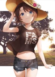 Rule 34 | 1girl, alternate costume, backlighting, black hair, black shirt, blue eyes, closed mouth, collarbone, commentary request, cowboy shot, denim, denim shorts, evening, hat, hololive, light smile, looking at viewer, midriff, multicolored eyes, navel, nokachoco114, oozora subaru, outdoors, outside border, photo background, shirt, short hair, short shorts, short sleeves, shorts, solo, standing, stomach, sun hat, sunlight, swept bangs, t-shirt, thighs, virtual youtuber, yellow eyes