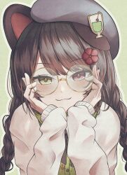 Rule 34 | 1girl, :3, absurdres, animal ears, beret, blush, braid, brown hair, dog ears, dog girl, flower, glasses, green background, hair flower, hair ornament, hands on own face, hat, head rest, heterochromia, highres, inui toko, inui toko (3rd costume), kitsutsuki tsuki, light smile, looking at viewer, nijisanji, outline, red eyes, sleeves past wrists, solo, sweater, twin braids, virtual youtuber, white outline, yellow eyes