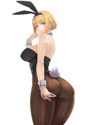 Rule 34 | 1girl, animal ears, ass, bare shoulders, blonde hair, blue eyes, blush, braid, breasts, brown pantyhose, damegane, detached collar, fake animal ears, felicia (damegane), french braid, hairband, hand on own ass, highres, large breasts, leotard, original, pantyhose, playboy bunny, rabbit ears, rabbit tail, short hair, simple background, smile, solo, tail, white background, wrist cuffs