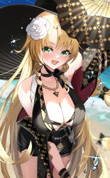 Rule 34 | 1girl, absurdres, arknights, arm up, bare shoulders, beach, black dress, black headwear, blonde hair, blush, breasts, cleavage, cowboy shot, day, dress, drill hair, drill sidelocks, fang, flower, folding fan, green eyes, hair flower, hair ornament, hand fan, highres, holding, holding fan, jewelry, large breasts, leaning forward, long hair, looking at viewer, necklace, official alternate costume, open mouth, outdoors, pomegranate nana, sidelocks, solo, swire (arknights), swire the elegant wit (arknights), very long hair, water drop, white flower