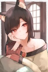 Rule 34 | 1girl, absurdres, animal ears, blush, brooch, brown hair, dress, fang, head on hand, head tilt, highres, imaizumi kagerou, indoors, jewelry, light smile, long hair, long sleeves, looking at viewer, pollux368, red eyes, solo, touhou, white dress, window, wolf ears, wolf girl