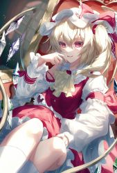 Rule 34 | 1girl, absurdres, ascot, blonde hair, bow, commentary request, crystal, fang, flandre scarlet, frilled ascot, frilled bow, frilled shirt collar, frilled skirt, frilled sleeves, frilled vest, frills, hat, hat bow, highres, juliet sleeves, kneehighs, long sleeves, medium hair, mob cap, on chair, open mouth, parted lips, puffy sleeves, red bow, red eyes, red skirt, red vest, shirt, side ponytail, sitting, skin fang, skirt, sleeve garter, socks, solo, toku kekakewanko, touhou, vest, white hat, white shirt, white socks, wings, yellow ascot