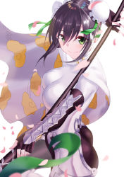Rule 34 | 1girl, absurdres, arm behind back, arm guards, black gloves, black hair, bodysuit, breasts, bun cover, cape, chinese clothes, colored eyelashes, double bun, fate/grand order, fate (series), fingerless gloves, gloves, green eyes, hair bun, highres, holding, holding weapon, medium breasts, petals, polearm, qin liangyu (fate), sidelocks, skin tight, smile, solo, spear, standing, thighs, user yjmv4437, weapon, white background, white bodysuit, white cape