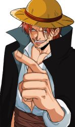 Rule 34 | 1boy, abs, artist request, black cape, cape, facial hair, grin, hat, highres, looking at viewer, muscular, one piece, pectorals, red hair, scar, scar across eye, scar on face, shaded face, shanks (one piece), shirt, short hair, simple background, smile, solo, straw hat, white background, white shirt