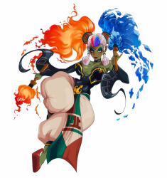 Rule 34 | 1girl, bare shoulders, breasts, colored skin, fiery hair, fire, forehead jewel, gerudo, green skin, hair tubes, harem pants, ice, large breasts, long hair, pants, pointy footwear, puffy pants, red lips, sidelocks, simple background, sleeveless, solo, the legend of zelda, the legend of zelda: ocarina of time, twinrova, twintails, vero, white background