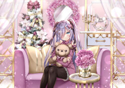 Rule 34 | 1girl, black pantyhose, black ribbon, blush, bow, candle, candlestand, christmas ornaments, christmas tree, closed mouth, commentary, couch, cushion, dress, english commentary, feet out of frame, flower, frilled dress, frills, grey hair, hair ornament, hair over one eye, hair ribbon, hairclip, heart, heart hair ornament, highres, holding, holding stuffed toy, indoors, long hair, looking at viewer, mirror, nae-nae, on couch, one eye covered, original, pantyhose, pink dress, pink flower, red ribbon, ribbon, sitting, smile, solo, stuffed animal, stuffed toy, sweater, sweater dress, table, teddy bear, two side up, very long hair, white bow, white flower