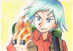 Rule 34 | 1boy, backpack, bag, blue eyes, blue hair, brown vest, closed mouth, collared shirt, commentary request, creatures (company), game freak, hand up, highres, holding, jewelry, looking at object, male focus, nintendo, oka mochi, orange shirt, pokemon, pokemon (anime), pokemon rse (anime), ring, shirt, short hair, smile, solo, spiked hair, steven stone, stone, strap, traditional media, upper body, vest, yellow background