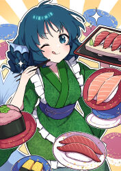 Rule 34 | 1girl, absurdres, blue eyes, blue hair, chopsticks, closed mouth, drill hair, fins, food, green kimono, head fins, highres, holding, holding chopsticks, japanese clothes, kimono, long sleeves, mermaid, miz (mizillustration), monster girl, obi, one eye closed, sash, short hair, smile, solo, sushi, tongue, tongue out, touhou, wakasagihime, wide sleeves