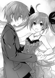 Rule 34 | 10s, 1boy, 1girl, :d, ahoge, black ribbon, breasts, brother and sister, cleavage, collarbone, date a live, dress, eye contact, greyscale, hair between eyes, hair ribbon, hetero, highres, holding hands, itsuka kotori, itsuka shidou, jewelry, long hair, looking at another, monochrome, necklace, novel illustration, official art, open mouth, ribbon, siblings, sleeveless, sleeveless dress, small breasts, smile, sparkle, tsunako, twintails, very long hair