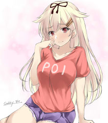 Rule 34 | 1girl, artist name, blonde hair, blue shorts, bow, breasts, closed mouth, dated, gakky, hair between eyes, hair bow, hair flaps, hair ornament, hairclip, hand on own face, kantai collection, long hair, looking at viewer, one-hour drawing challenge, poi, red shirt, shirt, shorts, solo, yuudachi (kancolle), yuudachi kai ni (kancolle)