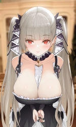 Rule 34 | 1girl, absurdres, azur lane, between breasts, black dress, black nails, blush, breasts, cleavage, closed mouth, dress, feather dress, formidable (azur lane), frilled dress, frills, genera-x, gothic lolita, grey hair, hair ribbon, highres, huge breasts, large breasts, lolita fashion, long hair, looking at viewer, nail polish, necktie, necktie between breasts, red eyes, ribbon, smile, solo, standing, twintails, two-tone dress, two-tone ribbon, upper body, very long hair