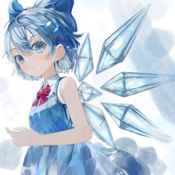 Rule 34 | 1girl, bare shoulders, blue dress, blue eyes, blue hair, bow, cirno, closed mouth, collared shirt, commentary, cowboy shot, dress, hair between eyes, hair bow, hand up, highres, ice, ice wings, looking at viewer, medium hair, neck ribbon, otomo no sachi, pinafore dress, red ribbon, ribbon, shirt, sleeveless, sleeveless dress, sleeveless shirt, solo, touhou, white shirt, wings