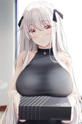 Rule 34 | 1girl, bare arms, bare shoulders, black shirt, blouse, blush, box, breast rest, breasts, carried breast rest, carrying, collarbone, girls&#039; frontline, hair ornament, highres, holding, holding box, kar98k (girls&#039; frontline), keenh, large breasts, long hair, looking at viewer, parted lips, red eyes, shirt, sleeveless, sleeveless shirt, solo, upper body, white hair
