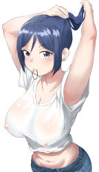 Rule 34 | 1girl, absurdres, arm over head, armpits, arms behind head, artist name, artist request, blue hair, blue pants, blush, breasts, cleavage, clothes lift, collarbone, denim, female focus, fixing hair, hair between eyes, hair tie in mouth, hands over head, highres, holding, holding hair, jeans, kiru (bsesso), large breasts, long hair, looking at viewer, love live!, love live! sunshine!!, matsuura kanan, midriff, mouth hold, navel, no bra, no panties, pants, parted bangs, parted lips, ponytail, purple eyes, see-through, shirt, shirt lift, simple background, smile, solo, t-shirt, tying hair, wet, wet clothes, white background, white shirt