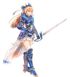 Rule 34 | 1girl, armor, blonde hair, boots, breastplate, closed mouth, faulds, full body, gauntlets, greaves, hair ornament, hairband, high heel boots, high heels, holding, holding sword, holding weapon, kamisakai, knight, long hair, pauldrons, purple eyes, shoulder armor, solo, spiked hairband, spikes, standing, sword, thighhighs, transparent background, walking, weapon, white thighhighs, zettai ryouiki