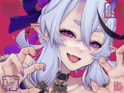 Rule 34 | 1girl, claw pose, fang, hair between eyes, highres, horns, looking at viewer, mole, mole under mouth, multicolored hair, nail polish, nijisanji, oni, open mouth, pointy ears, purple eyes, rindou mikoto, skin-covered horns, solo, streaked hair, thick eyebrows, virtual youtuber, yokaze (xxxdisxxx)