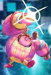 Rule 34 | &gt;:), :d, absurdres, blue eyes, blurry, blurry background, clenched hand, full body, goggles, goggles on head, highres, kirby, kirby: planet robobot, kirby (series), mecha, nintendo, no humans, open mouth, ratf, robobot armor, robot, smile, sparkle, v-shaped eyebrows