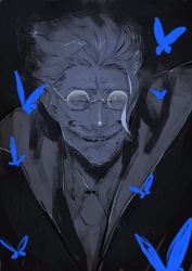 Rule 34 | 1boy, blue butterfly, blue theme, bug, butterfly, facial hair, fate (series), glasses, grin, highres, insect, james moriarty (archer) (fate), looking at viewer, male focus, manly, miwa shirow, mustache, old, old man, portrait, smile, solo, spectacles