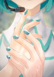 Rule 34 | 1girl, artist request, blue nails, blurry, claws, depth of field, fingernails, glint, hand focus, hatsune miku, highres, kinosuke (pattaba), long fingernails, microphone, nail polish, own hands together, solo, vocaloid, wing collar