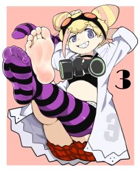 Rule 34 | 1girl, absurdres, arms behind head, arms up, barefoot, bikini, bikini top only, black bikini, blonde hair, cone hair bun, feet, foot focus, foreshortening, gas mask, grin, hair bun, highres, long hair, lucia fex, mask, menthako, pink background, promare, sharp teeth, simple background, smile, soles, solo, striped clothes, striped thighhighs, swimsuit, teeth, thighhighs, toes