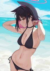 Rule 34 | 1girl, absurdres, animal ears, beach, bikini, black bikini, black choker, black hair, blue archive, blush, breasts, cat ears, choker, cleavage, collarbone, cowboy shot, day, extra ears, halo, highres, kazusa (blue archive), large breasts, looking at viewer, momocadraw, navel, ocean, open mouth, outdoors, pink hair, pink halo, red eyes, short hair, side-tie bikini bottom, solo, swimsuit, wet