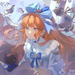 Rule 34 | 1girl, baby blue, blue background, blue bow, blue bowtie, blue choker, blue eyes, book, bow, bowtie, chelizi (weibo 5986313927), choker, cup, floating hair, flower, fur collar, hair bow, highres, holding, holding book, long hair, long sleeves, looking ahead, open book, orange hair, parted lips, plate, puffy long sleeves, puffy sleeves, reverse:1999, shirt, solo, stuffed animal, stuffed toy, teacup, teapot, teddy bear, upper body, white flower, white shirt