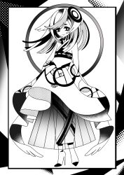 Rule 34 | 1girl, boots, border, closed mouth, commentary, dress, floating hair, full body, golden spiral, greyscale, hair ornament, halftone, high heel boots, high heels, highres, long hair, long sleeves, looking at viewer, machigami yoh, monochrome, multicolored hair, original, own hands together, print dress, screentones, smile, solo, standing, stiletto heels