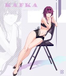 Rule 34 | 1girl, absurdres, bare legs, black bra, black footwear, black shorts, bra, breasts, character name, chinese commentary, collarbone, commentary request, drop shadow, eyewear on head, full body, glasses, hair intakes, head rest, highres, honkai: star rail, honkai (series), kafka (honkai: star rail), large breasts, long hair, looking at viewer, manboygxg, navel, no shirt, on chair, pince-nez, purple eyes, purple hair, round eyewear, shorts, sitting sideways, smile, solo, stomach, sunglasses, underwear