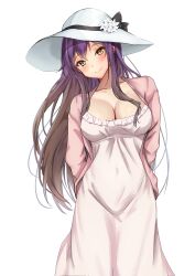 Rule 34 | 1girl, absurdres, alternate costume, amagi (amagi626), black ribbon, blush, breasts, brown hair, closed mouth, collarbone, dress, eyelashes, flower, hair between eyes, hat, hat ribbon, highres, hijiri byakuren, jacket, large breasts, lily (flower), long hair, looking at viewer, multicolored hair, open clothes, open jacket, pink jacket, purple hair, ribbon, simple background, smile, solo, standing, sundress, touhou, unworn hat, unworn headwear, white background, white dress, white flower, white hat, yellow eyes