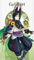 Rule 34 | 1boy, animal ear fluff, animal ears, black hair, blue hair, boots, commentary, ear piercing, english commentary, flower, genshin impact, gloves, gradient hair, green eyes, green hair, highres, jewelry, leaf, logo, male focus, multicolored hair, official art, parted lips, piercing, solo, tail, tassel, tighnari (genshin impact), vision (genshin impact), yellow flower