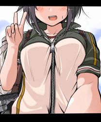 Rule 34 | 10s, 1girl, black hair, blush, breasts, hayasui (kancolle), head out of frame, kantai collection, letterboxed, machinery, open mouth, short hair, smile, solo, tsuzuri (tuzuri), upper body, v, zipper