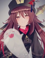 Rule 34 | 1girl, bad id, bad pixiv id, brooch, brown hair, coat, collared shirt, colored tips, flower, flower-shaped pupils, genshin impact, ghost, grey background, hat, hu tao (genshin impact), jewelry, long hair, long sleeves, looking at viewer, marutaro, multicolored hair, plum blossoms, porkpie hat, red eyes, red shirt, shirt, sidelocks, simple background, smile, staff of homa (genshin impact), symbol-shaped pupils, tassel, twintails