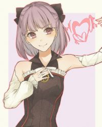 Rule 34 | 1girl, armpits, bad id, bad pixiv id, detached sleeves, fate/grand order, fate (series), hair ribbon, hand on own chest, helena blavatsky (fate), hrmnas, looking to the side, purple eyes, purple hair, ribbon, short hair, smile, solo, upper body