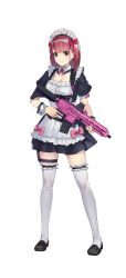 Rule 34 | 1girl, absurdres, apron, black footwear, breasts, brown eyes, cleavage, dress, full body, gun, highres, holding, holding gun, holding weapon, holster, light smile, loafers, looking at viewer, maid, maid apron, maid headdress, maid of the dead, medium hair, nagisa hihara, official art, photoshop (medium), puffy short sleeves, puffy sleeves, red hair, rifle, shoes, short dress, short sleeves, simple background, solo, standing, thigh holster, thighhighs, weapon, white apron, white background, white thighhighs, wrist cuffs, zettai ryouiki