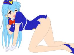 Rule 34 | 1990s (style), 1girl, absurdres, aqua hair, ass, black background, blue footwear, bow, breasts, crossed legs, dress, earrings, female focus, flight attendant, gloves, hand up, hat, highres, hip focus, jewelry, legs, long hair, looking to the side, miniskirt, no panties, open mouth, purple eyes, red bow, retro artstyle, shoes, short dress, short sleeves, simple background, skirt, smile, solo, tenjouin katsura, thighs, third-party edit, travel attendant, vector trace, white gloves, yat anshin uchuu ryokou