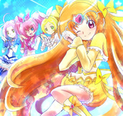 Rule 34 | 10s, 1dora, 4girls, ahoge, blonde hair, blue eyes, boots, bow, braid, bubble skirt, choker, circlet, cure beat, cure melody, cure muse, cure muse (yellow), cure rhythm, dress, eyelashes, frills, green eyes, hair ribbon, houjou hibiki, knee boots, kurokawa eren, long hair, magical girl, minamino kanade, multiple girls, one eye closed, orange hair, own hands clasped, own hands together, parted bangs, pink bow, pink hair, precure, purple hair, red eyes, ribbon, seiren (suite precure), shirabe ako, skirt, smile, suite precure, twintails, wink, wrist cuffs, yellow bow, yellow eyes