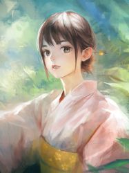 Rule 34 | 1girl, brown eyes, brown hair, eyelashes, highres, japanese clothes, looking at viewer, nababa, original, parted lips, plant, short hair, solo
