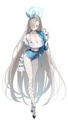 Rule 34 | 1girl, absurdres, asuna (blue archive), black bra, black footwear, blue archive, blue eyes, blue halo, blue shorts, bra, breasts, cleavage, denim, denim shorts, drink, drinking straw, fishnet pantyhose, fishnets, g5 (g5 gugu), hair over one eye, halo, high heels, highres, holding, holding drink, jewelry, large breasts, light brown hair, long hair, pantyhose, pendant, see-through, shorts, solo, underwear