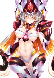 Rule 34 | 1girl, @ @, arm at side, between breasts, black sclera, blonde hair, bra, breasts, cameltoe, closed mouth, code maya, colored sclera, cowboy shot, detached collar, detached sleeves, elsword, fi-san, frown, gloves, glowing, glowing eyes, gluteal fold, gradient eyes, hat, highres, large breasts, long hair, looking at viewer, mecha musume, midriff, multicolored eyes, multicolored hair, navel, necktie, orange hair, panties, robot, shiny skin, short necktie, silver hair, solo, spread fingers, thigh gap, transparent background, underboob, underbust, underwear, yellow eyes