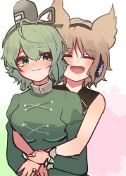Rule 34 | 2girls, absurdres, black headwear, blush, brown hair, closed eyes, closed mouth, commentary request, dress, earmuffs, green dress, green eyes, green hair, hat, highres, jewelry, long sleeves, multiple girls, open mouth, pointy hair, ring, soga no tojiko, takana (forsterite), tate eboshi, touhou, toyosatomimi no miko, upper body, variant set, yuri