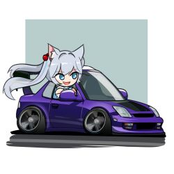 Rule 34 | 1girl, animal ear fluff, animal ears, blue bow, blue bowtie, blue eyes, blue hair, bow, bowtie, car, cherry hair ornament, chibi, commission, driving, food-themed hair ornament, fox ears, fox girl, grey hair, hair ornament, highres, holeecrab, honda, honda prelude, indie virtual youtuber, kirsche verstahl, long hair, motor vehicle, multicolored hair, open mouth, purple car, second-party source, solo, streaked hair, twintails, vehicle focus, virtual youtuber