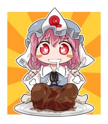 Rule 34 | 1girl, blue dress, blush stickers, boned meat, byourou, dress, drooling, food, fork, hat, heart, heart-shaped pupils, knife, long sleeves, meat, pink eyes, pink hair, plate, saigyouji yuyuko, smile, solo, symbol-shaped pupils, touhou, triangular headpiece, veil