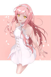 Rule 34 | 1girl, bare arms, bare shoulders, breasts, dress, fate/grand order, fate (series), hairband, highres, long hair, lostroom outfit (fate), medb (fate), medb (lostroom outfit) (fate), pink hair, short dress, sleeveless, sleeveless dress, small breasts, solo, tia (cocorosso), white dress, white hairband, yellow eyes