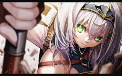 Rule 34 | &gt;:(, 1girl, blurry, braid, breasts, close-up, closed mouth, depth of field, fenrir (fenlil0316), glaring, green eyes, hairband, highres, holding, holding weapon, hololive, large breasts, looking at viewer, mace, mole, mole on breast, shirogane noel, shirogane noel (1st costume), short hair, side braid, silver hair, skindentation, solo, strap, v-shaped eyebrows, virtual youtuber, weapon
